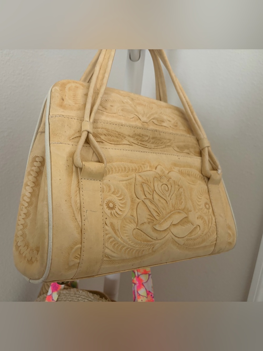 Vintage Hand-Tooled Floral Genuine Leather Tote Satchel Bag in Buttercream
